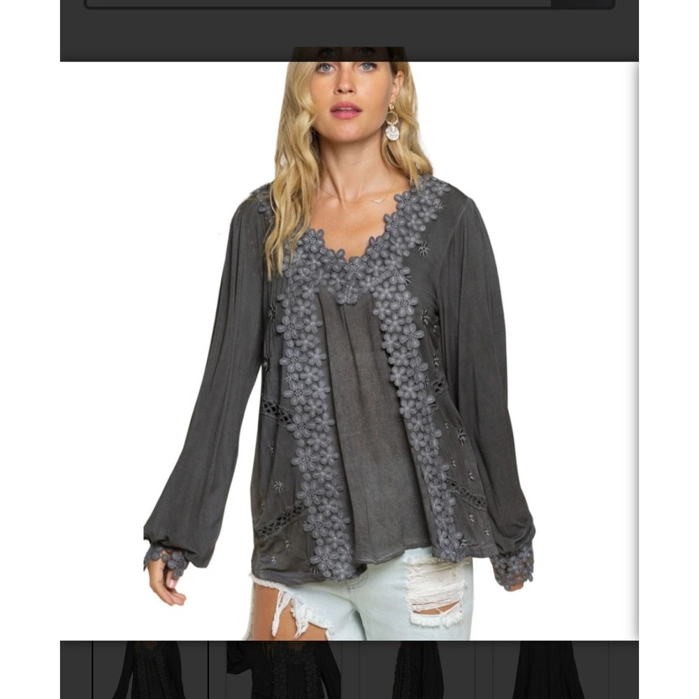 Freckled Poppy Clothing Blouse Heather Gray Embroidered Floral Lace Appliqué Lg
